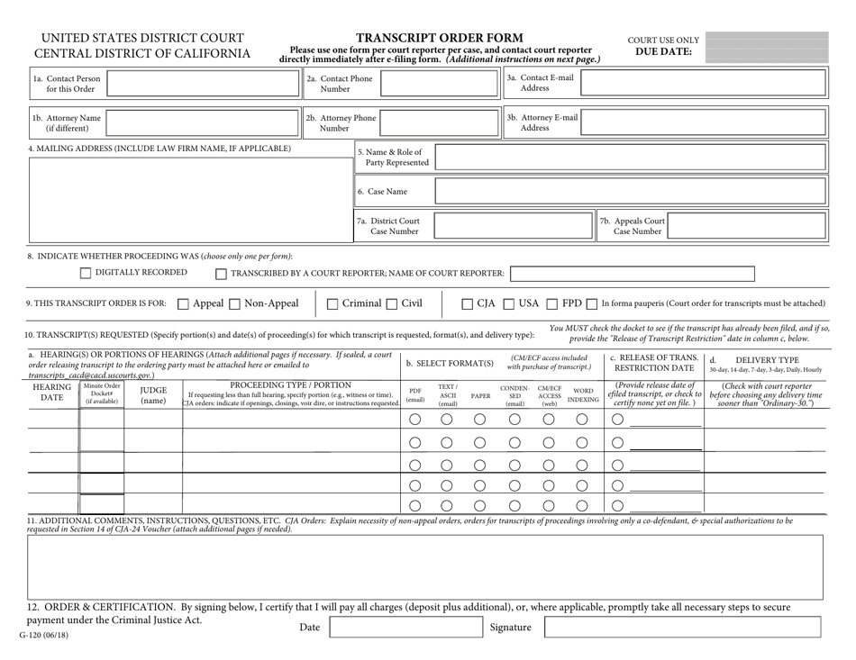 Form G-120 Transcript Order Form - California, Page 1