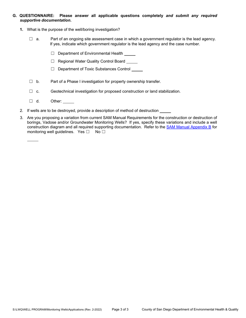 Permit Application - Groundwater and Vadose Monitoring Wells and Exploratory or Test Borings - County of San Diego, California, Page 3
