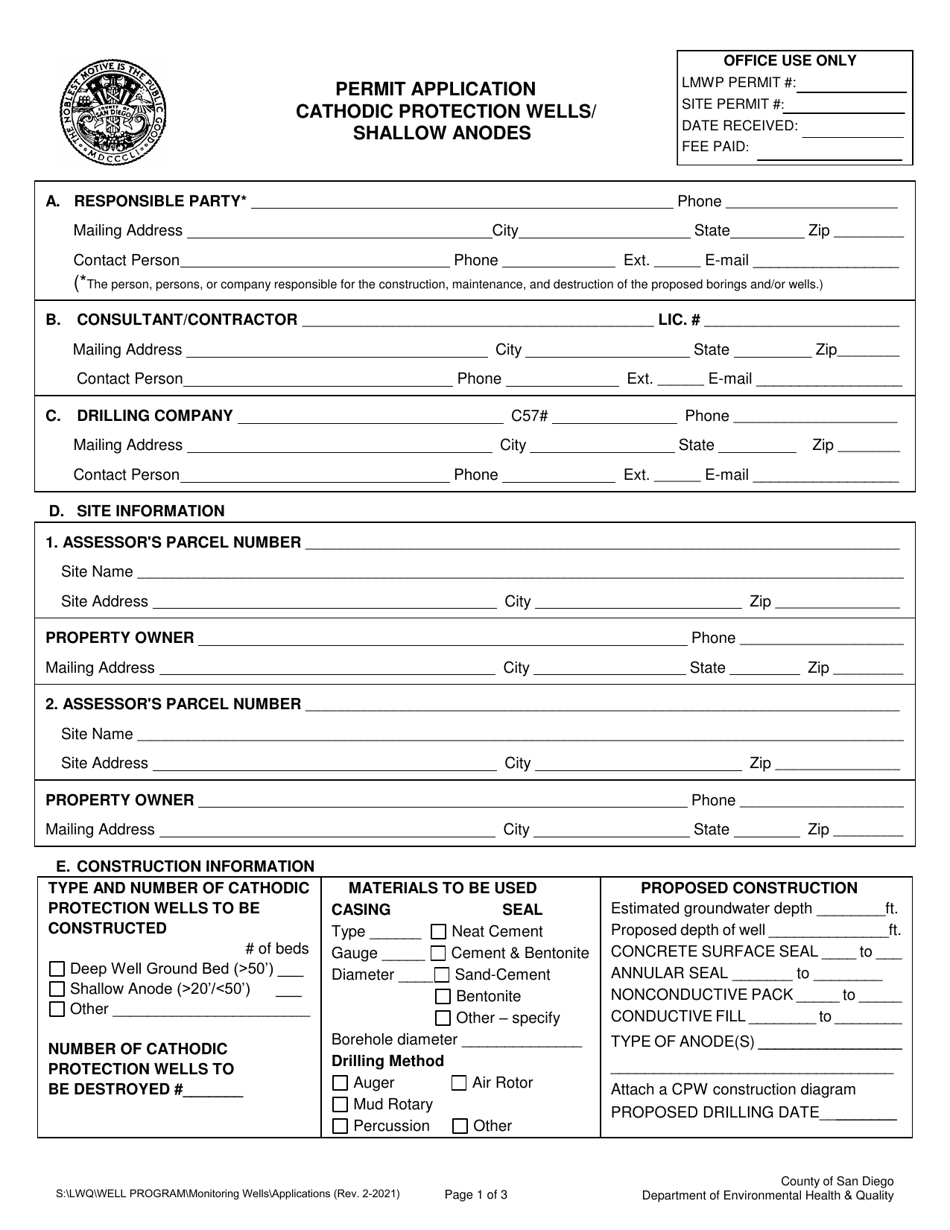 Permit Application - Cathodic Protection Wells / Shallow Anode - County of San Diego, California, Page 1