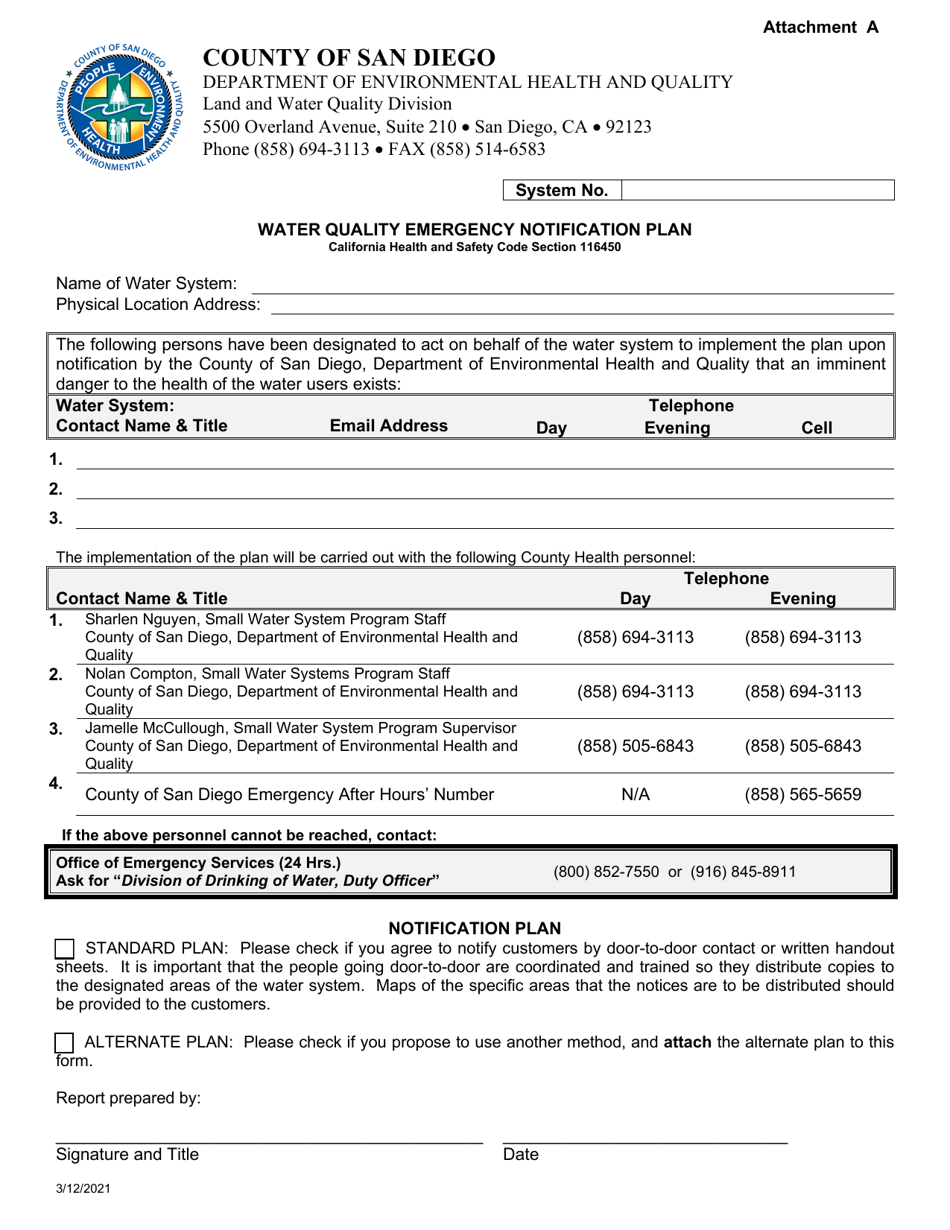Attachment A Water Quality Emergency Notification Plan - County of San Diego, California, Page 1