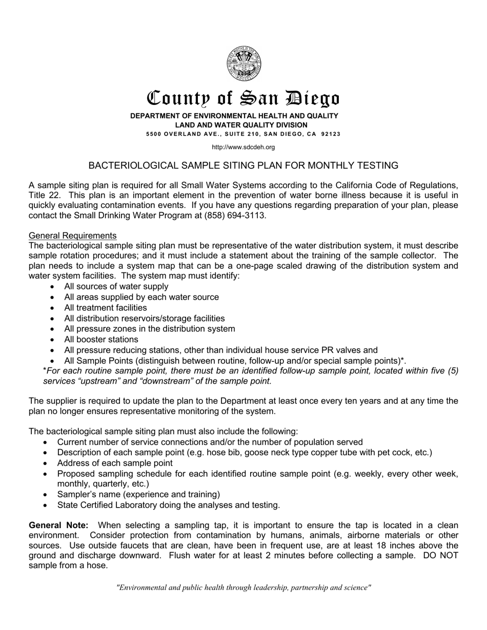 County of San Diego, California Bacteriological Sample Siting Plan for