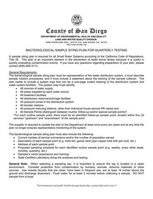 Bacteriological Sample Siting Plan for Quarterly Testing - County of San Diego, California Download Pdf