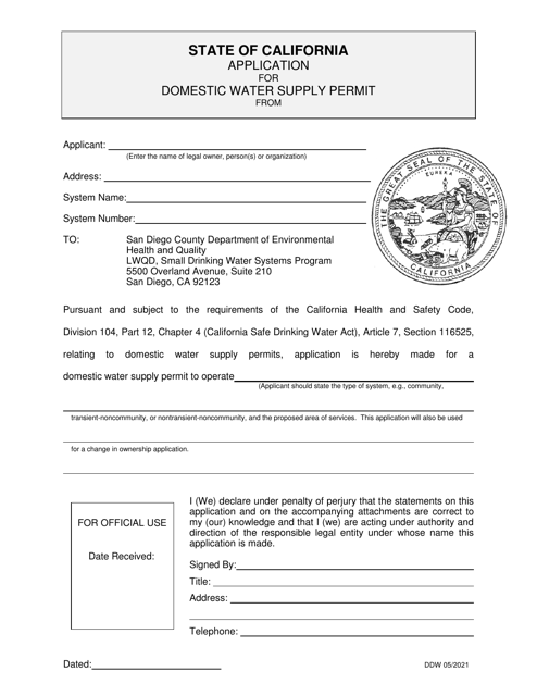 Application for Domestic Water Supply Permit - County of San Diego, California