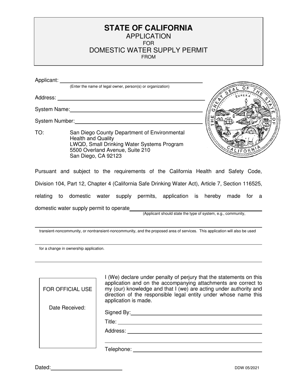 County of San Diego, California Application for Domestic Water Supply