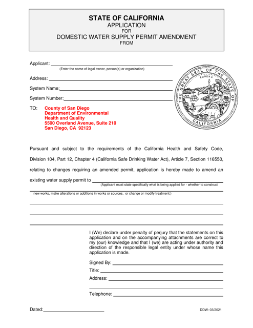 Application for Domestic Water Supply Permit Amendment - County of San Diego, California