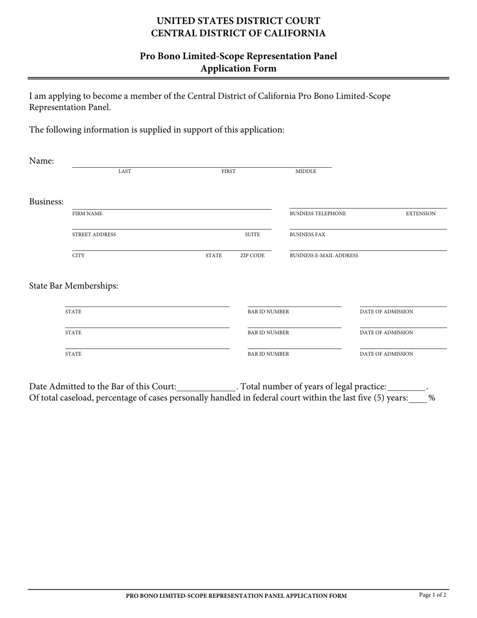 Pro Bono Limited-Scope Representation Panel Application Form - California, Page 1