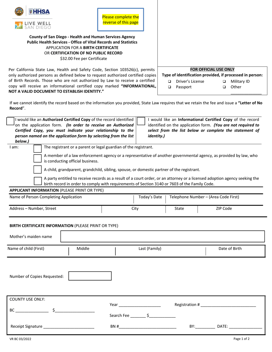 Application for a Birth Certificate or Certification of No Public Record - County of San Diego, California, Page 1