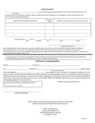 Application for a Birth Certificate or Certification of No Public Record - County of San Diego, California, Page 2