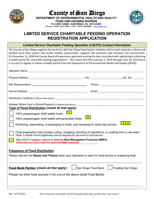 Limited Service Charitable Feeding Operation Registration Application - County of San Diego, California Download Pdf