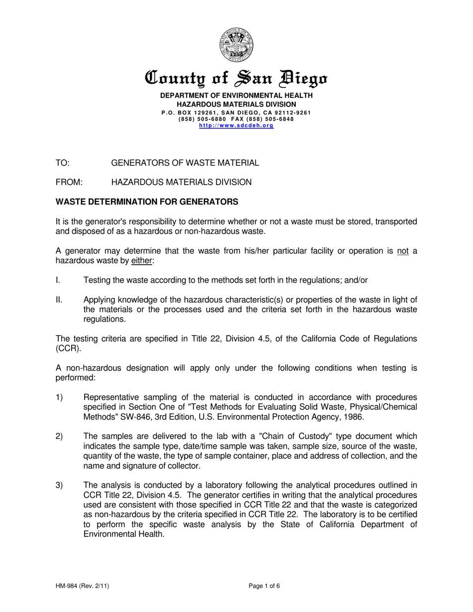 Form HM-984 Waste Determination for Generators - County of San Diego, California, Page 1