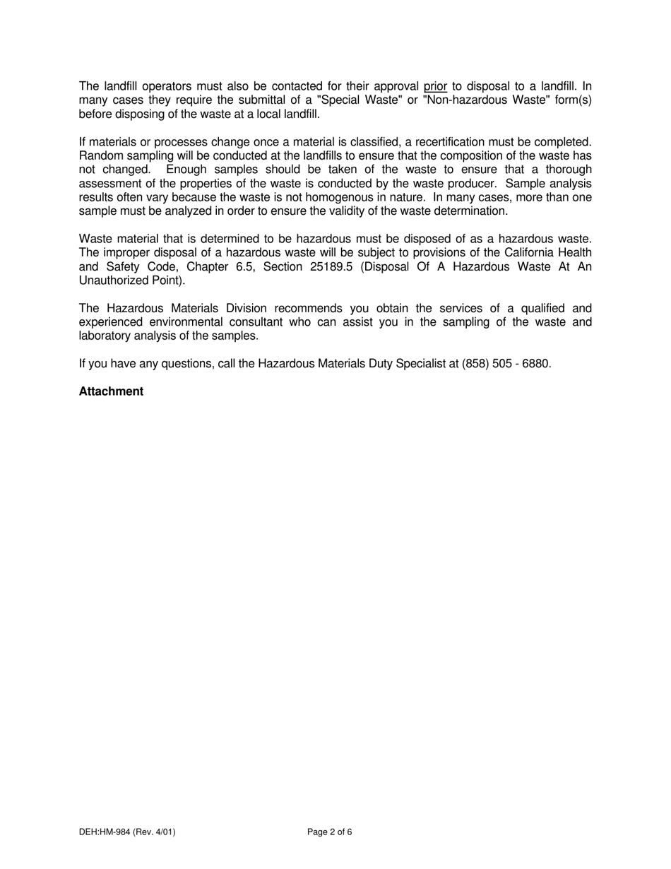 Form HM-984 Waste Determination for Generators - County of San Diego, California, Page 2