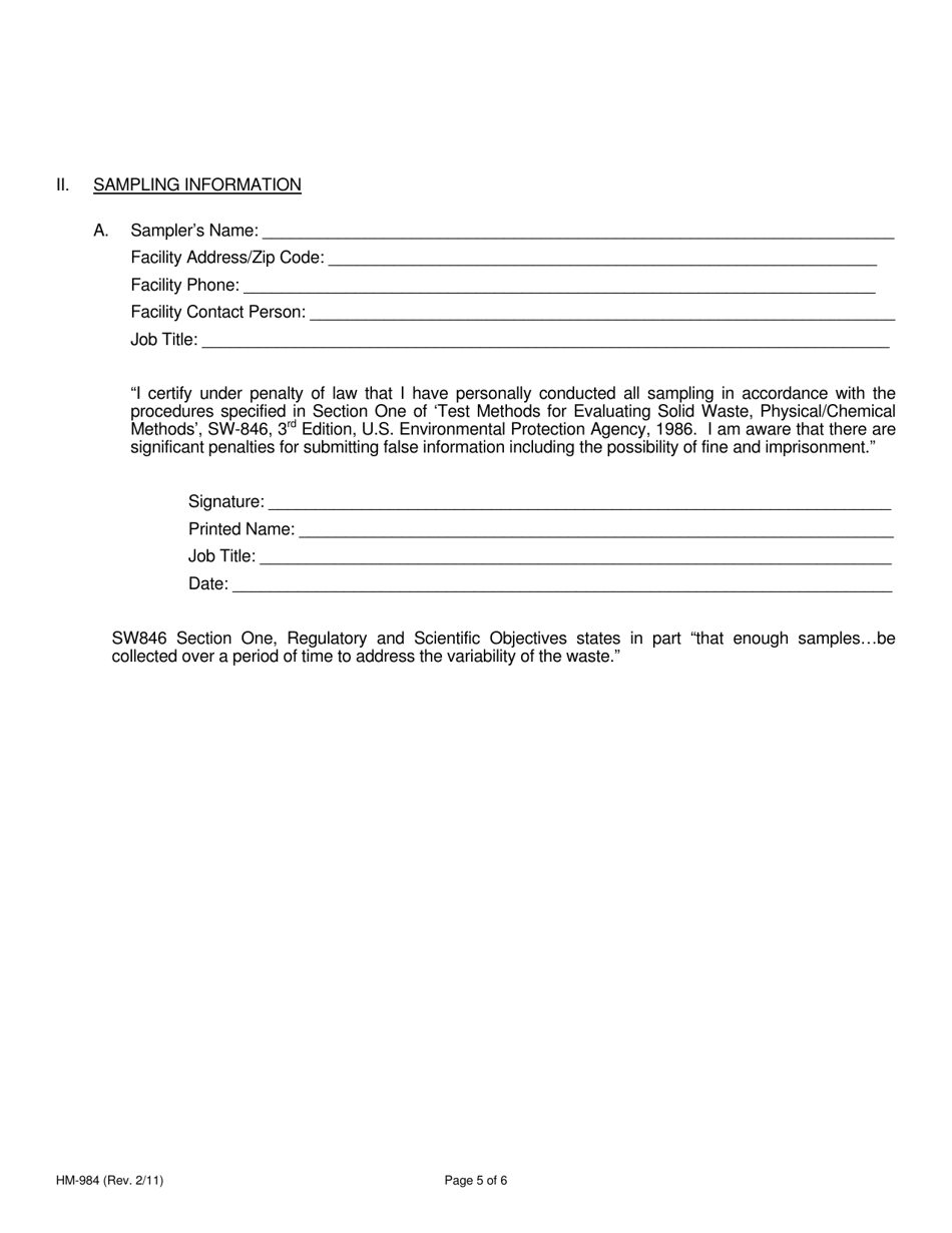 Form HM-984 Waste Determination for Generators - County of San Diego, California, Page 5