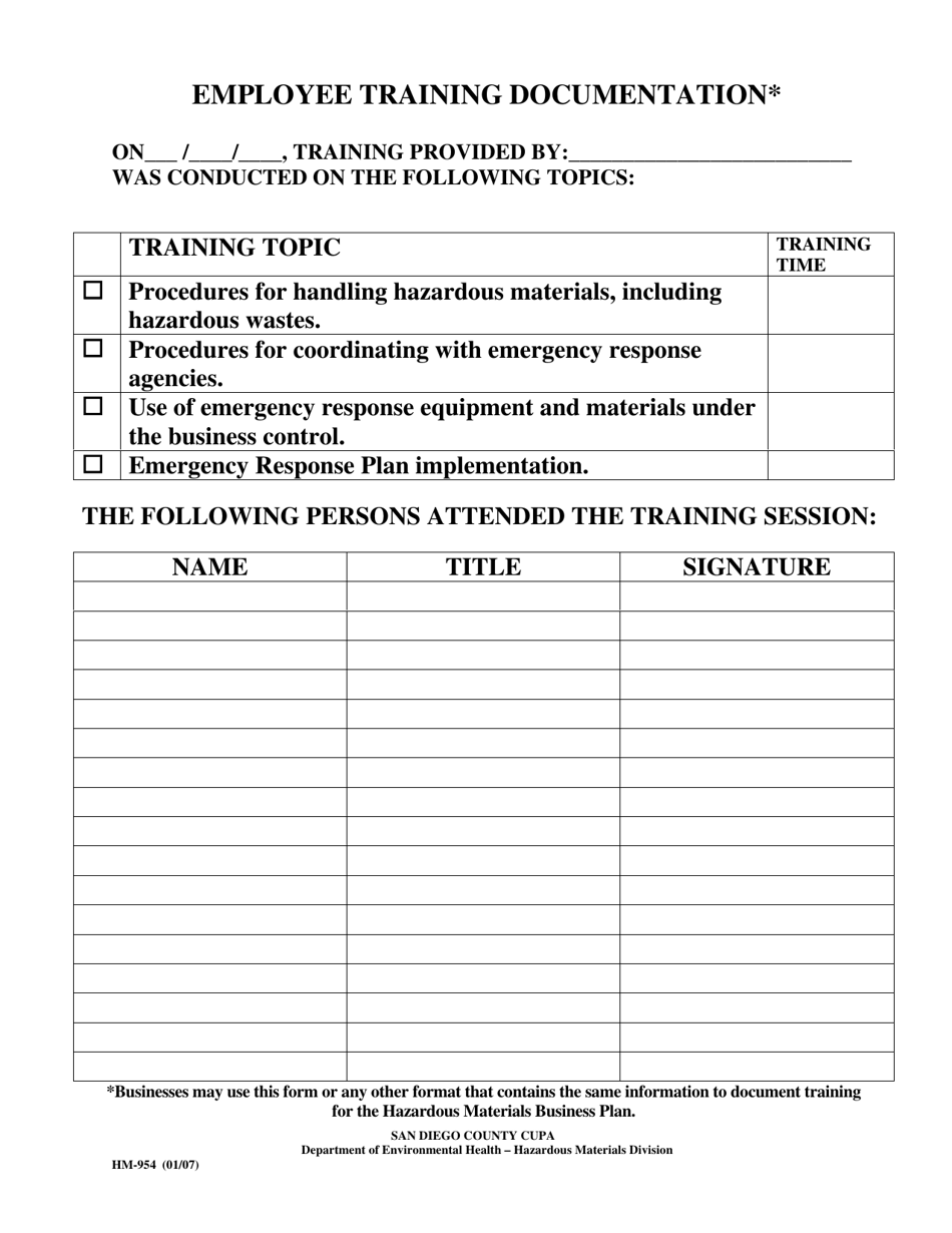 Form HM-954 Employee Training Documentation - County of San Diego, California, Page 1