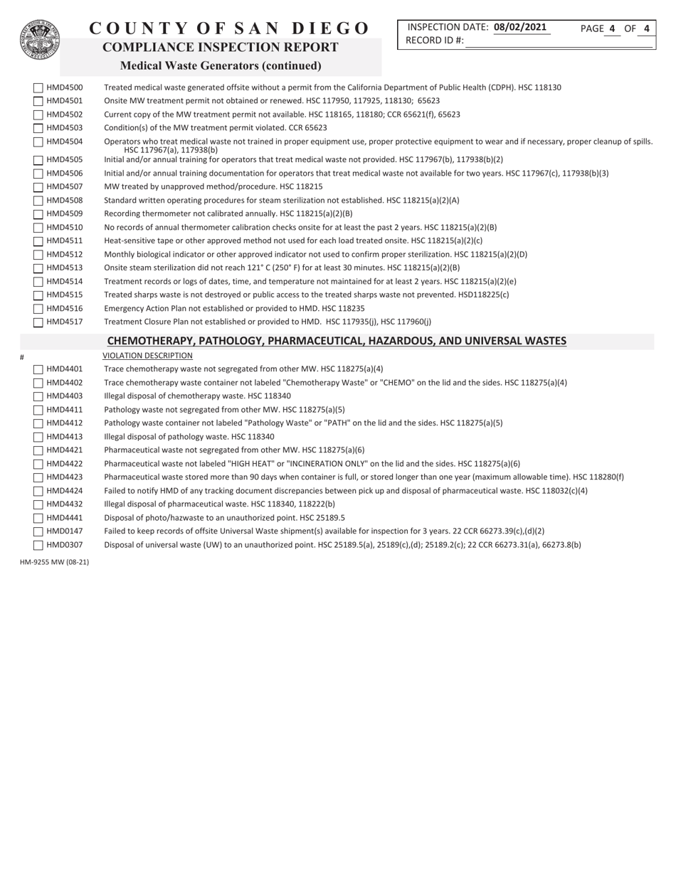 Form HM-9255 MW Compliance Inspection Report - Medical Waste Generators - County of San Diego, California, Page 2