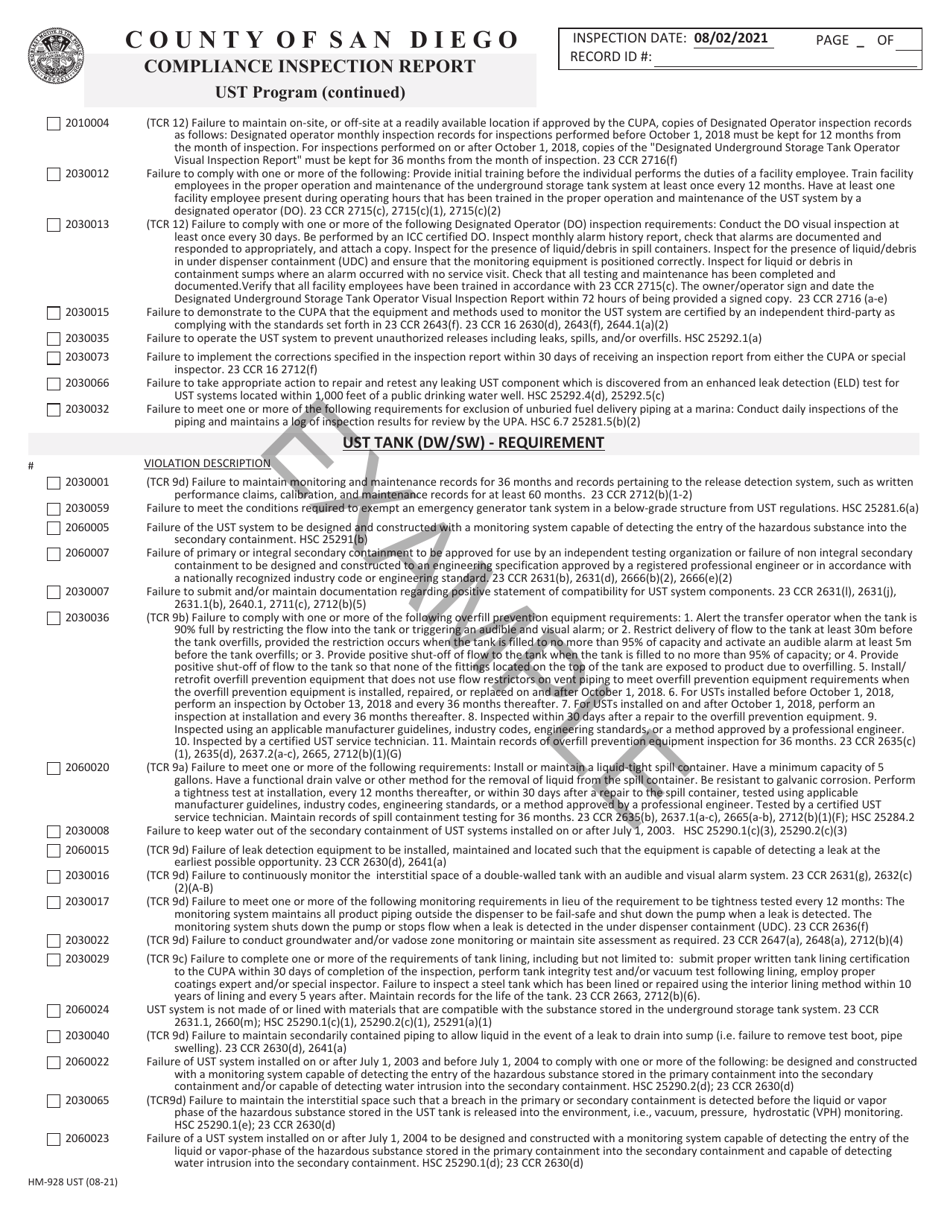 Form HM-928 UST Compliance Inspection Report - Underground Storage Tank (Ust) Program - Sample - County of San Diego, California, Page 2