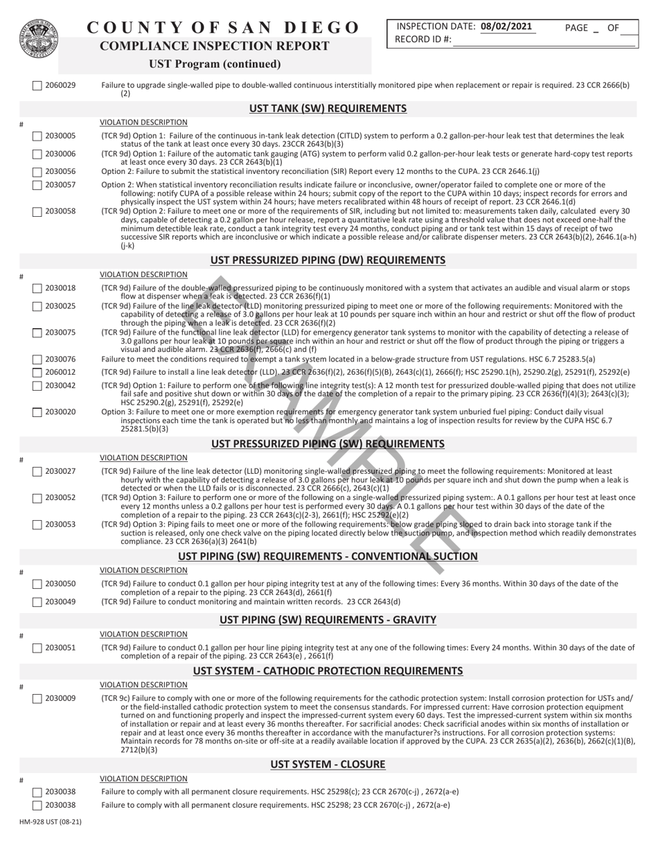 Form HM-928 UST Compliance Inspection Report - Underground Storage Tank (Ust) Program - Sample - County of San Diego, California, Page 3