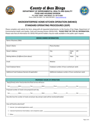 Document preview: Microenterprise Home Kitchen Operation (Mehko) Standard Operating Procedures (Sop) - County of San Diego, California
