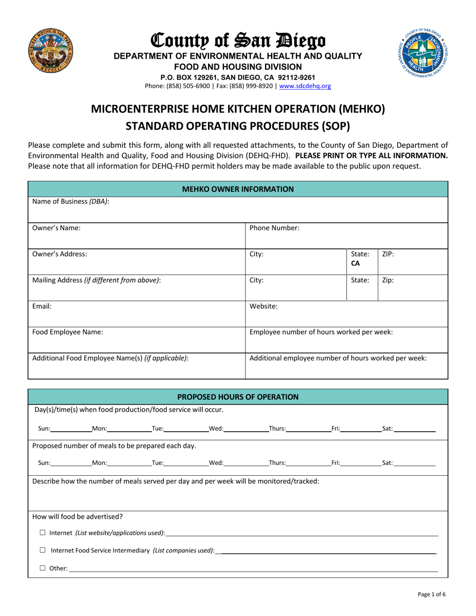 Microenterprise Home Kitchen Operation (Mehko) Standard Operating Procedures (Sop) - County of San Diego, California, Page 1