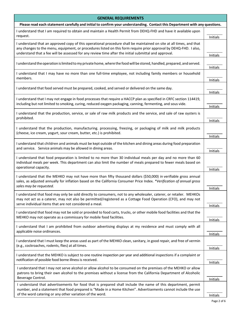 Microenterprise Home Kitchen Operation (Mehko) Standard Operating Procedures (Sop) - County of San Diego, California, Page 2