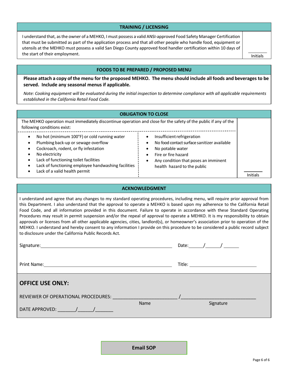 Microenterprise Home Kitchen Operation (Mehko) Standard Operating Procedures (Sop) - County of San Diego, California, Page 6