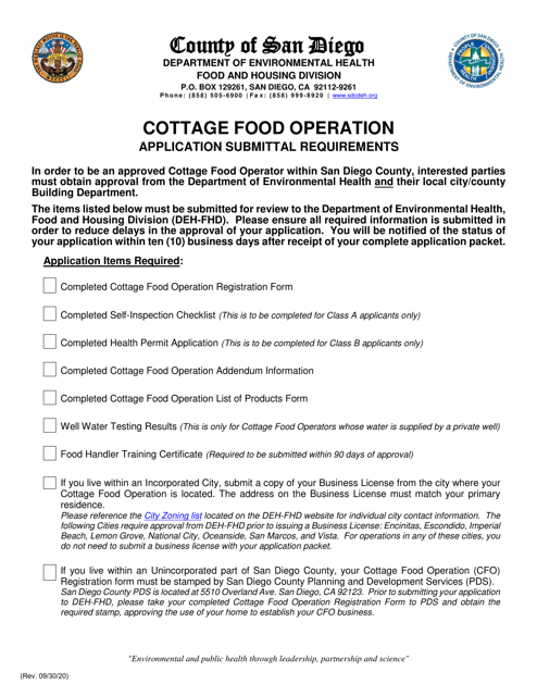 Cottage Food Operation Application Submittal Requirements - County of San Diego, California Download Pdf