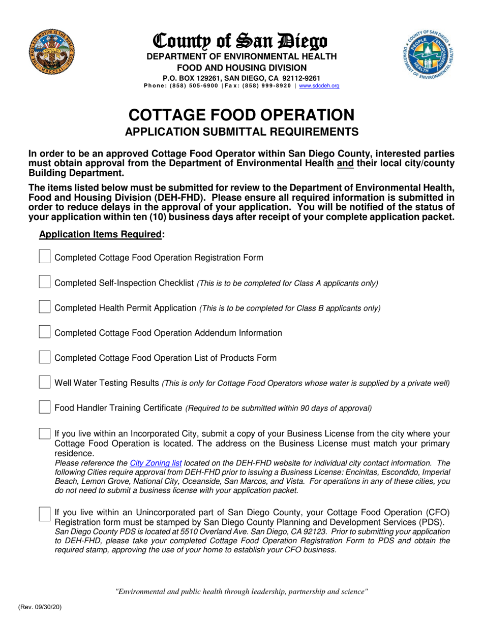 Cottage Food Operation Application Submittal Requirements - County of San Diego, California, Page 1