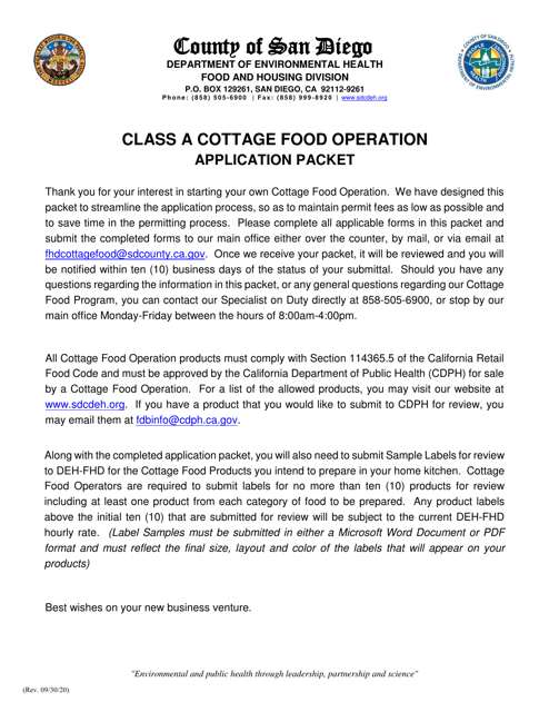 Class a Cottage Food Operation Application - County of San Diego, California Download Pdf