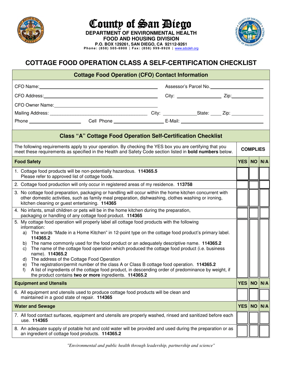 Class a Cottage Food Operation Application - County of San Diego, California, Page 6