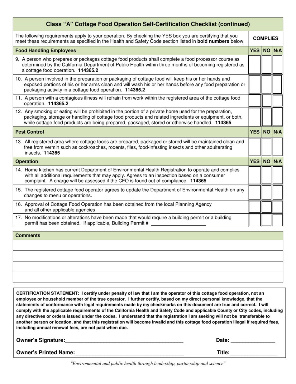 Class a Cottage Food Operation Application - County of San Diego, California, Page 7
