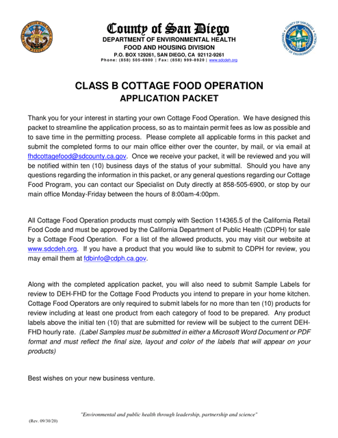 Class B Cottage Food Operation Application - County of San Diego, California Download Pdf