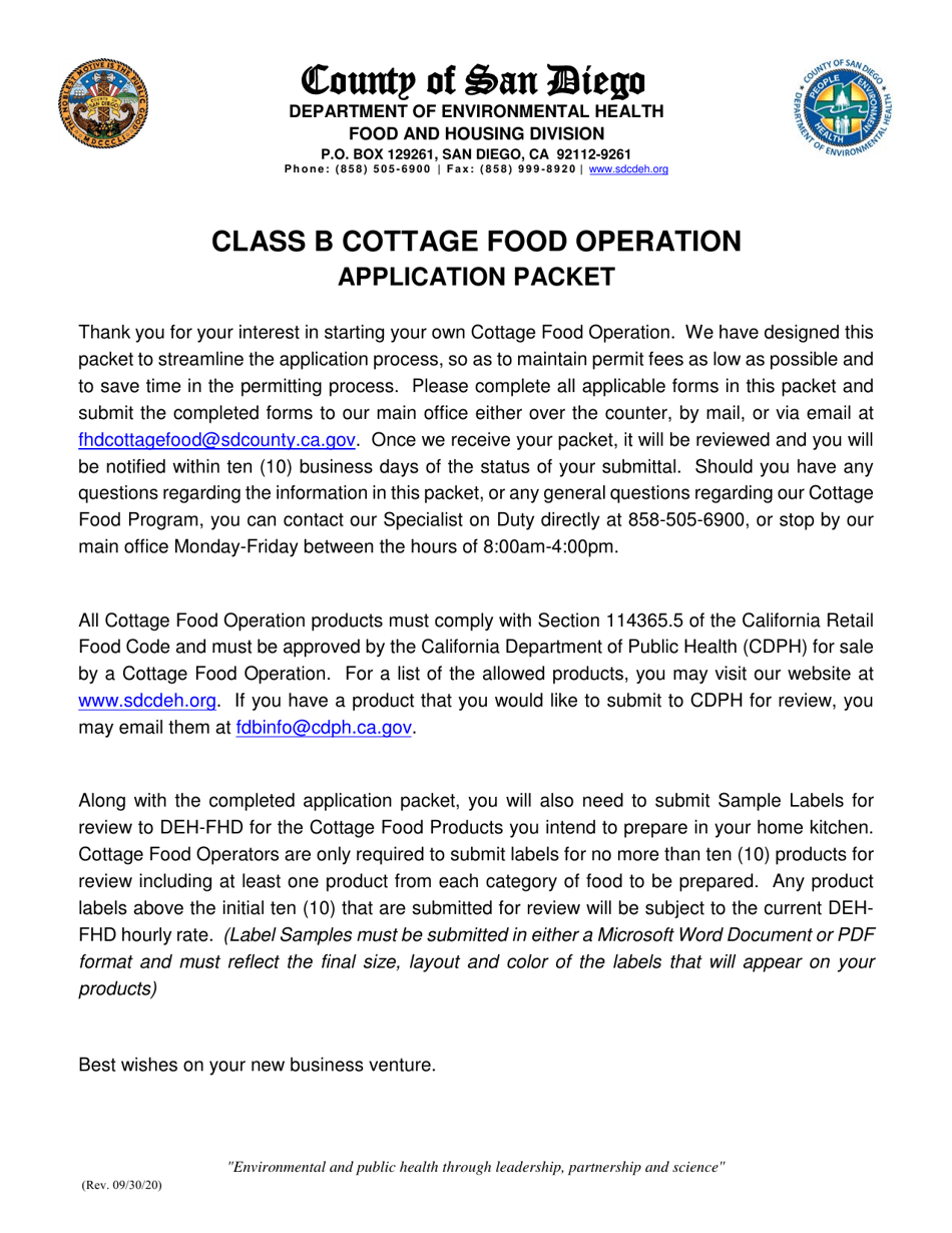 Class B Cottage Food Operation Application - County of San Diego, California, Page 1