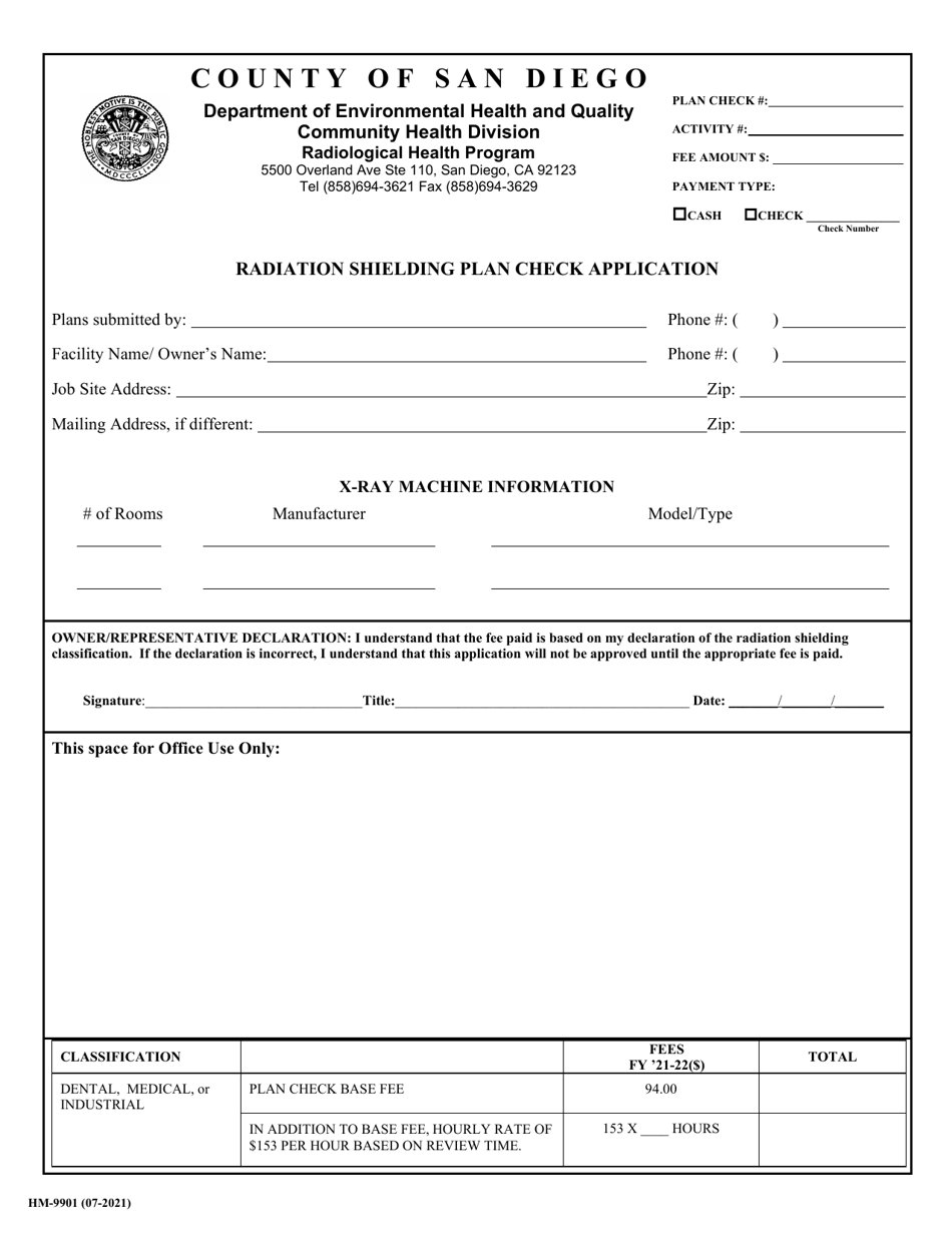 Form HM-9901 Radiation Shielding Plan Check Application - County of San Diego, California, Page 1