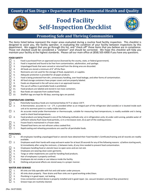 Food Facility Self-inspection Checklist - County of San Diego, California Download Pdf