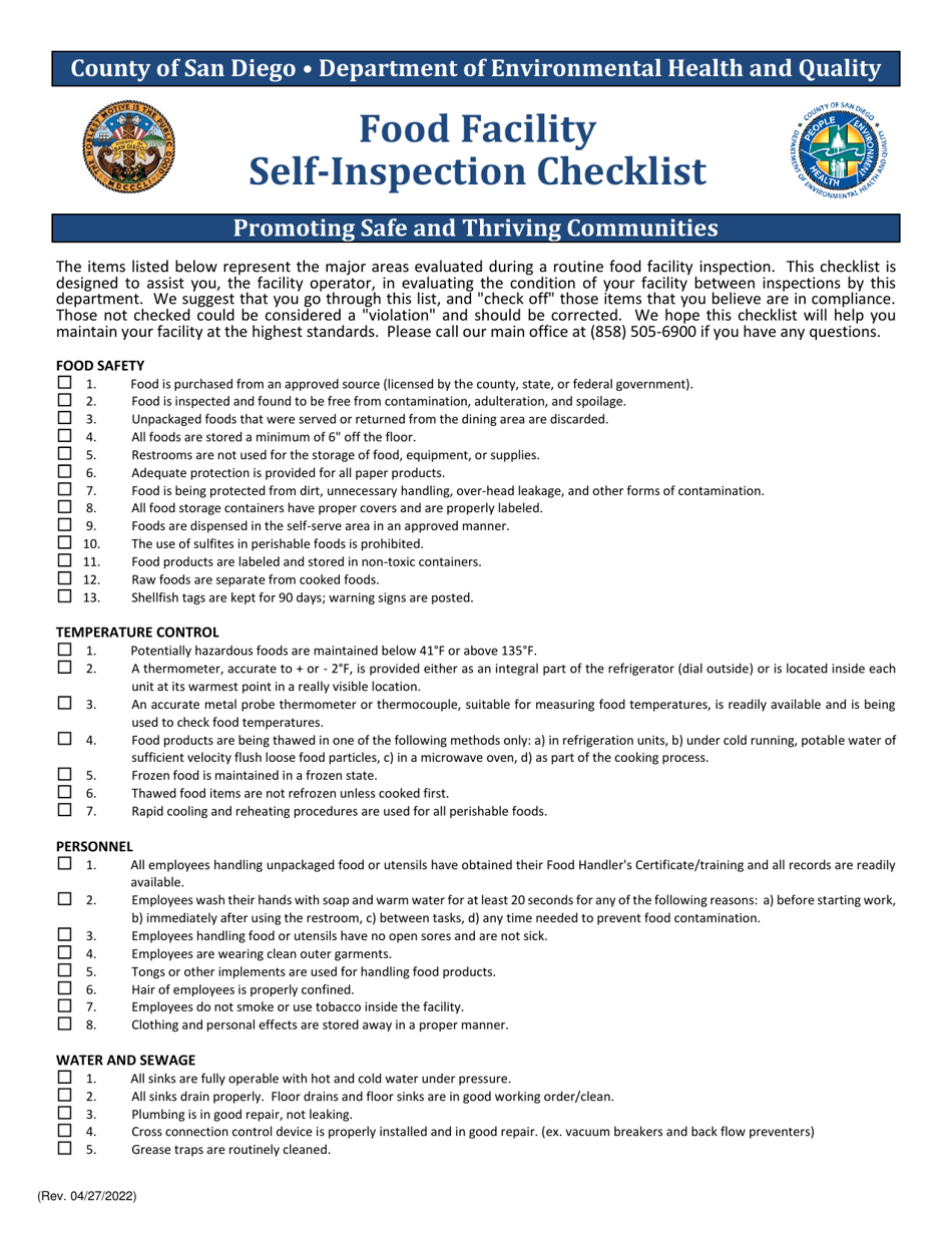County of San Diego, California Food Facility Self-inspection Checklist ...
