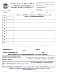 Document preview: Form HM-926 Corrective Action Form to Document Return to Compliance - County of San Diego, California