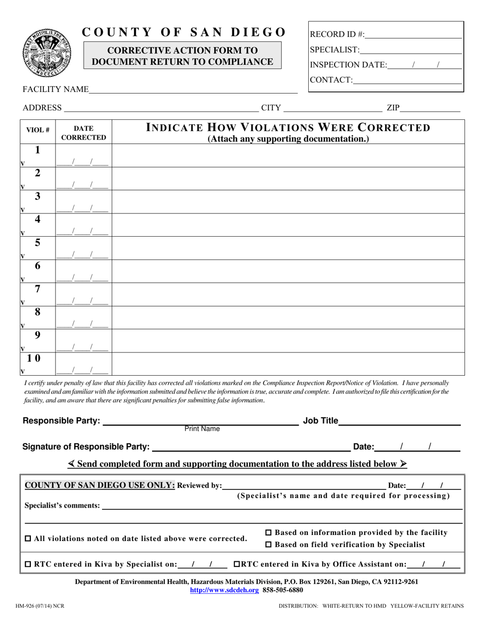 Form HM-926 Corrective Action Form to Document Return to Compliance - County of San Diego, California, Page 1