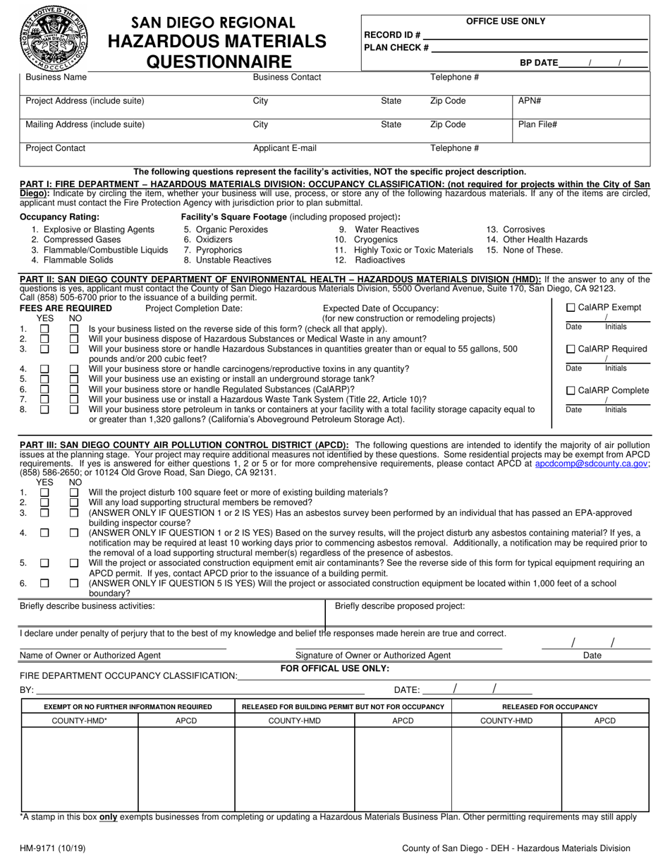Form HM-9171 Regional Hazardous Materials Questionnaire - County of San Diego, California, Page 1