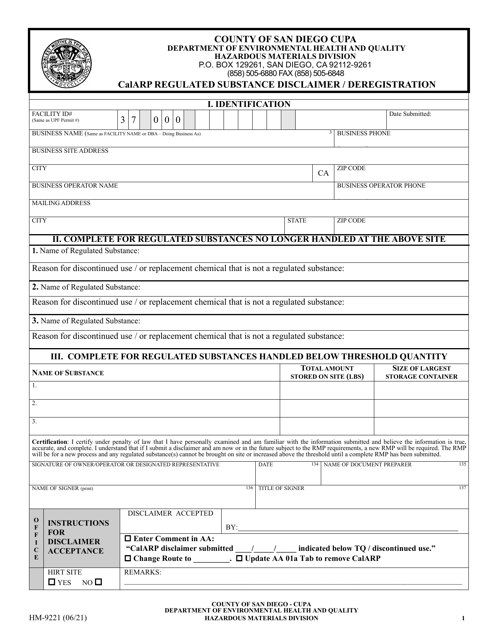Form HM-9221 Calarp Regulated Substance Disclaimer/Deregistration - County of San Diego, California