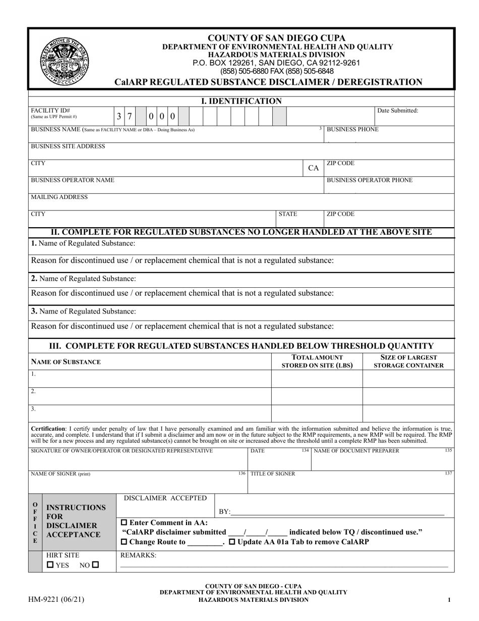 Form HM-9221 Calarp Regulated Substance Disclaimer / Deregistration - County of San Diego, California, Page 1