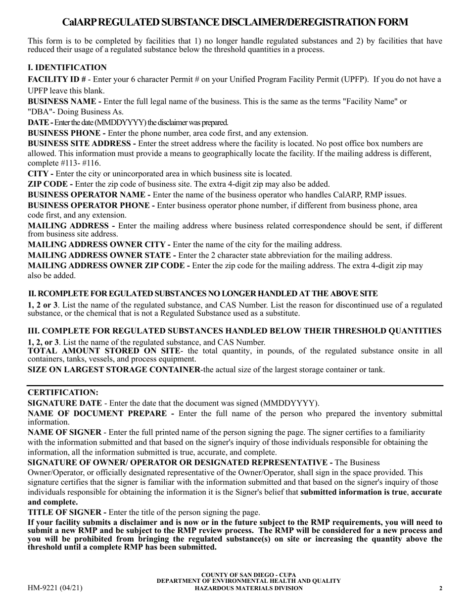 Form HM-9221 Calarp Regulated Substance Disclaimer / Deregistration - County of San Diego, California, Page 2