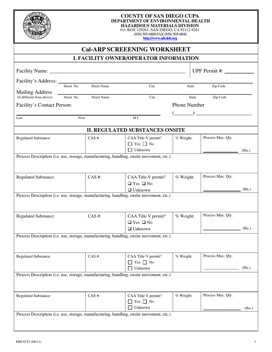 Form HM-9223 Cal-Arp Screeening Worksheet - County of San Diego, California, Page 1