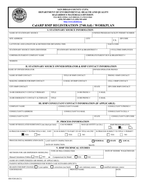 Form HM-9240 Calarp RMP Registration 2740.1(D)/Workplan - County of San Diego, California
