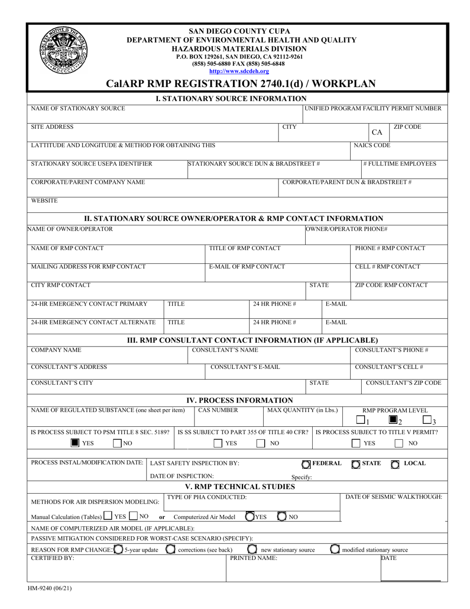 Form HM-9240 Calarp RMP Registration 2740.1(D) / Workplan - County of San Diego, California, Page 1