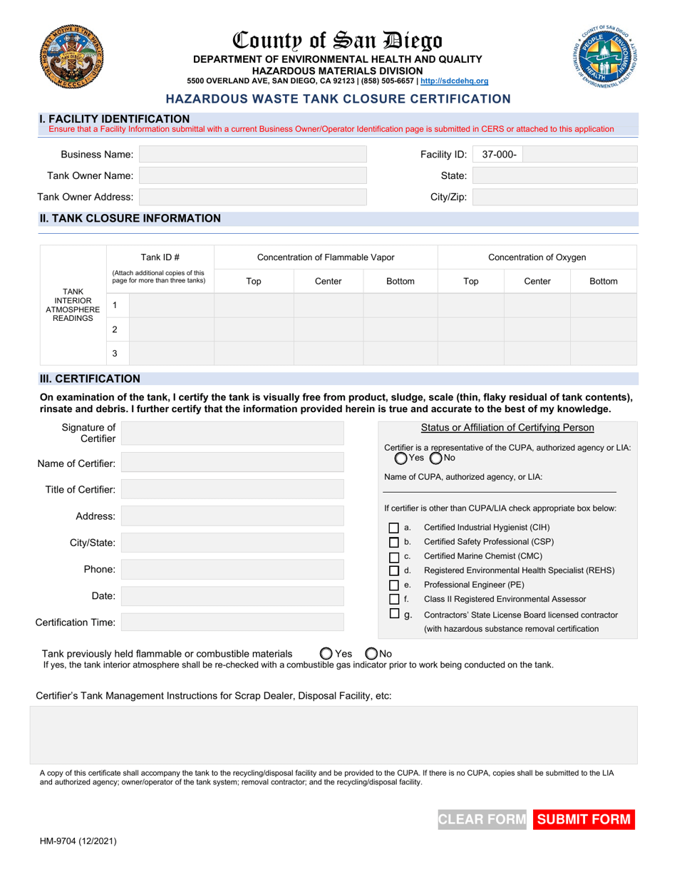 Form HM-9704 Hazardous Waste Tank Closure Certification - County of San Diego, California, Page 1