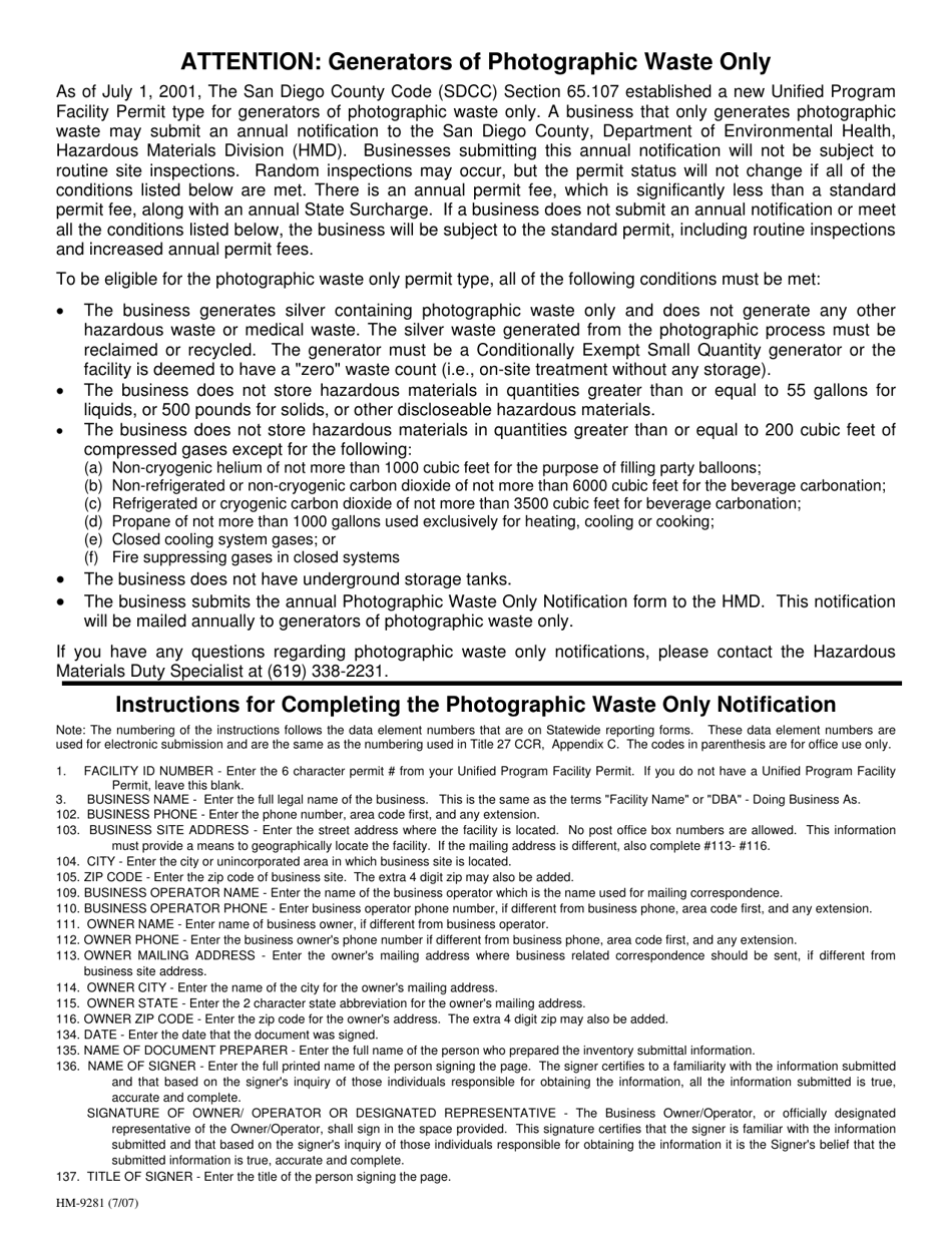 Form HM-9281 Photographic Waste Only Notification - County of San Diego, California, Page 2