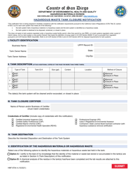 Document preview: Form HMF-9704 A Hazardous Waste Tank Closure Notification - County of San Diego, California