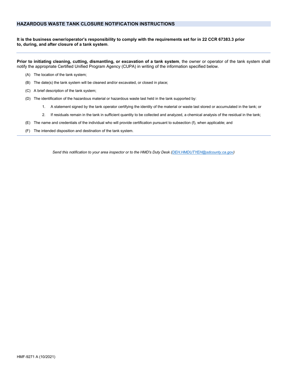 Form HMF-9704 A Hazardous Waste Tank Closure Notification - County of San Diego, California, Page 2