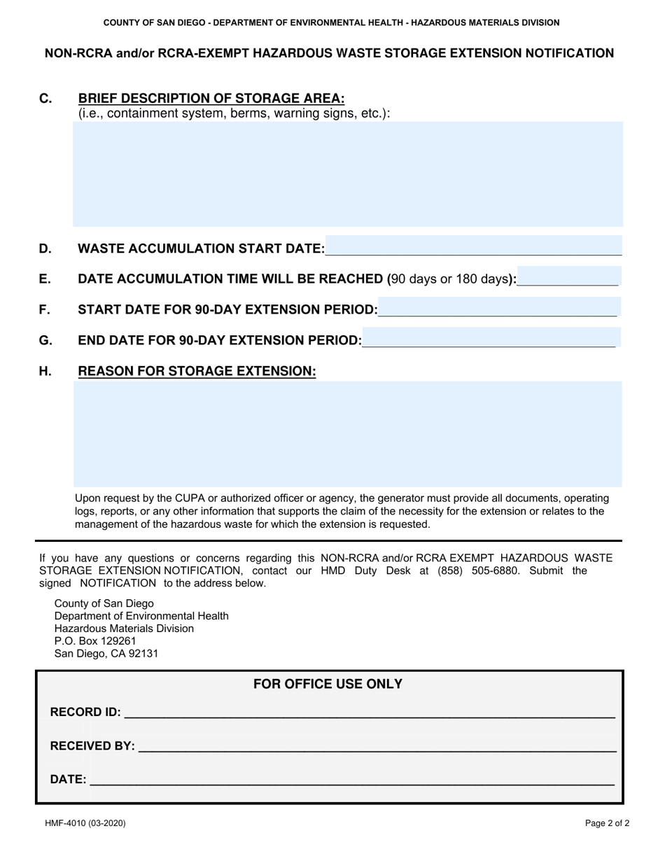 Form HMF-4010 Non-rcra and / or Rcra-Exempt Hazardous Waste Storage Extension Notification - County of San Diego, California, Page 2