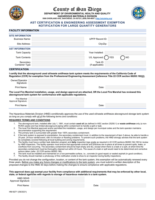 Form HM-9271 Ast Certification & Engineering Assessment Exemption Notification for Large Quantity Generators - County of San Diego, California