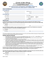 Form HM-9271 Ast Certification &amp; Engineering Assessment Exemption Notification for Large Quantity Generators - County of San Diego, California